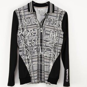 SPORTALM Monochrome Graffiti Shirt Top Quarter Button Shirt Black White Size 10